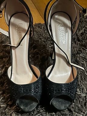 De Blossom Collection Black Sparkle Peep-Toe Ankle-Strap Heels